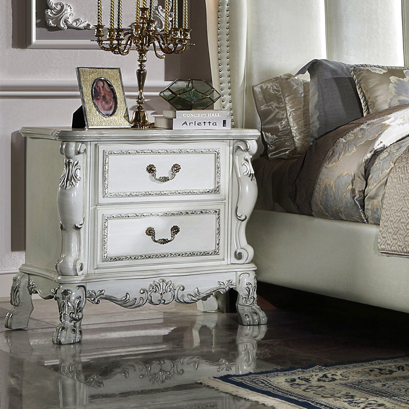 2 Drawers Poplar Wood Nightstand, Gold/Ivory