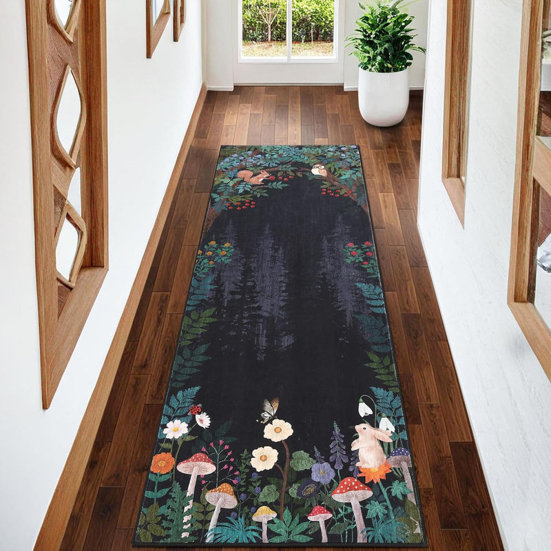 2x6 Washable Kitchen Rug, Non-Slip Jungle Animal Print, Low Pile, Stain-Resistant for Hallway, Entryway, Bathroom, Black