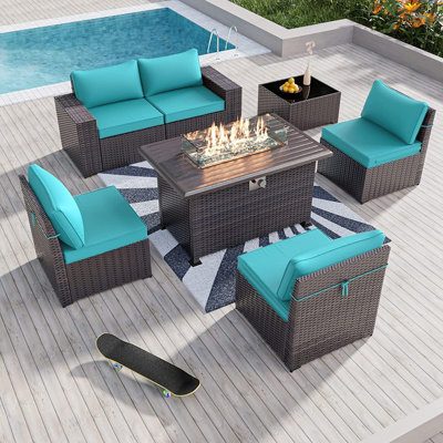 7-Piece Wicker Patio Conversation Set With Cushions,Coffee Table And Outdoor Fire Pit Table With Aluminum Top, PE Rattan Base, And  White Glass Wind Guard