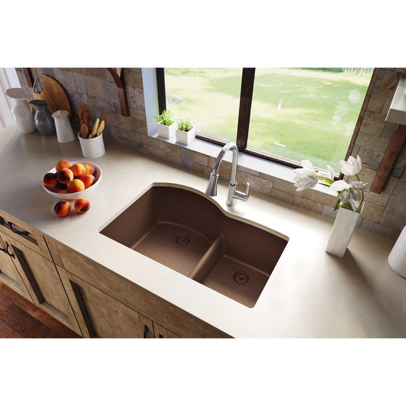 Quartz Classic 33" x 22" x 10" Double Basin Undermount Kitchen Sink, Mocha