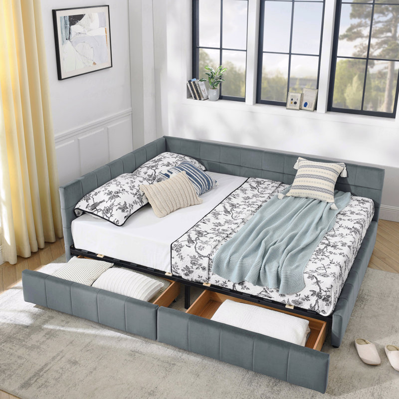 Queen Size Mid-Century Velvet Daybed with Underbed Storage Drawers, Gray, Queen