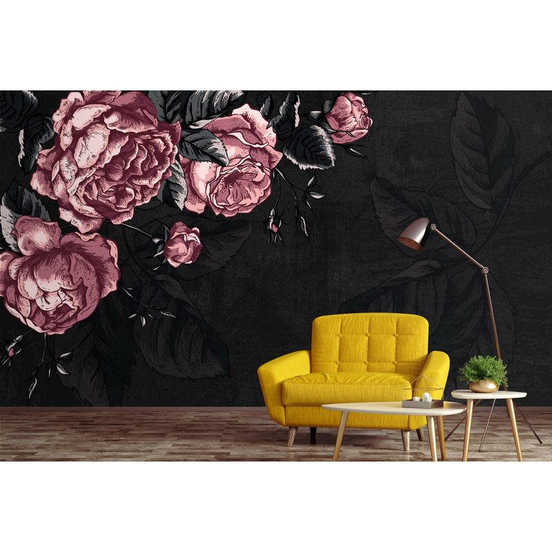 Dark Flower Pink Peony Drawing Leaves Removable Wallpaper, 9" L x 15" W