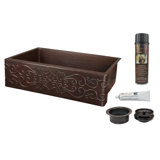 33" Hammered Copper Kitchen Apron Single Basin Sink w/ Scroll Design with Matching Drain and Accessories