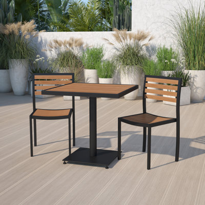 Lassen Outdoor Patio Bistro Dining Table Set with 2 Chairs and Faux Teak Poly Slats