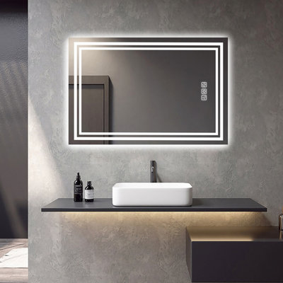 Miroir de salle de bain à DEL 36 po x 28 po avec fonctions avancées, Hd 5 mm, 3 couleurs à intensité variable, 5 minutes, Cri90 +, miroir à mémoire de forme, avant et arrière, placé