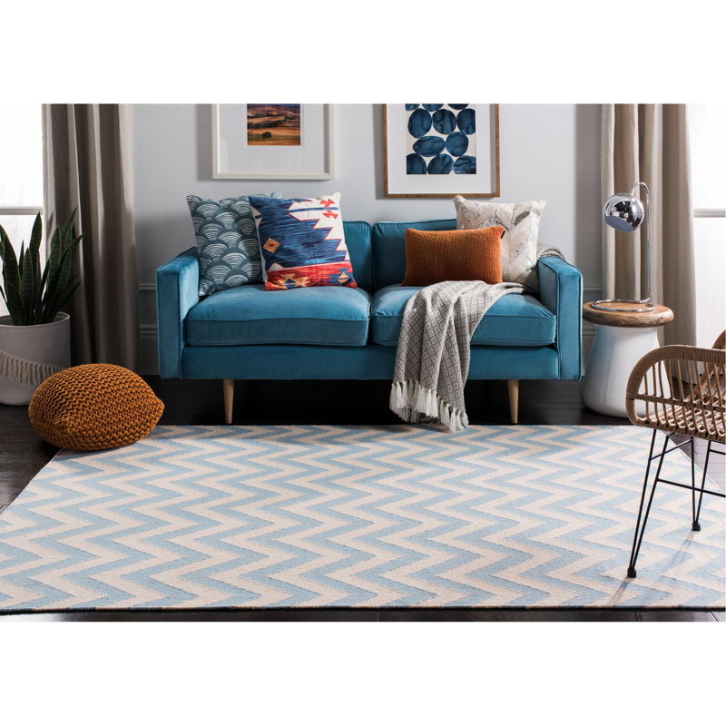 Tapis bleu / ivoire en laine et coton tissé à la main Rodgers, Rectangle 8 pi x 10 pi