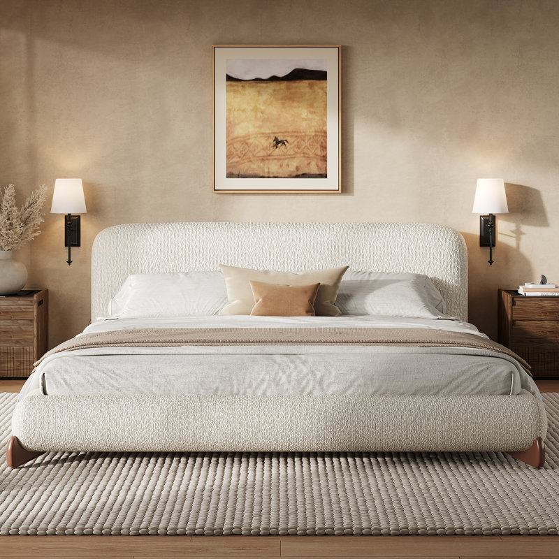 Paris Boucle Upholstered Platform Bed With Thick Headboard & Solid Wood Legs, King