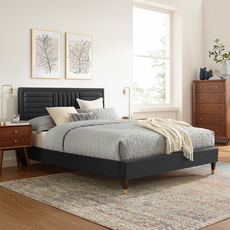 Modway Sofia Channel Tufted Performance Velvet Platform Bed, Charcoal, Twin