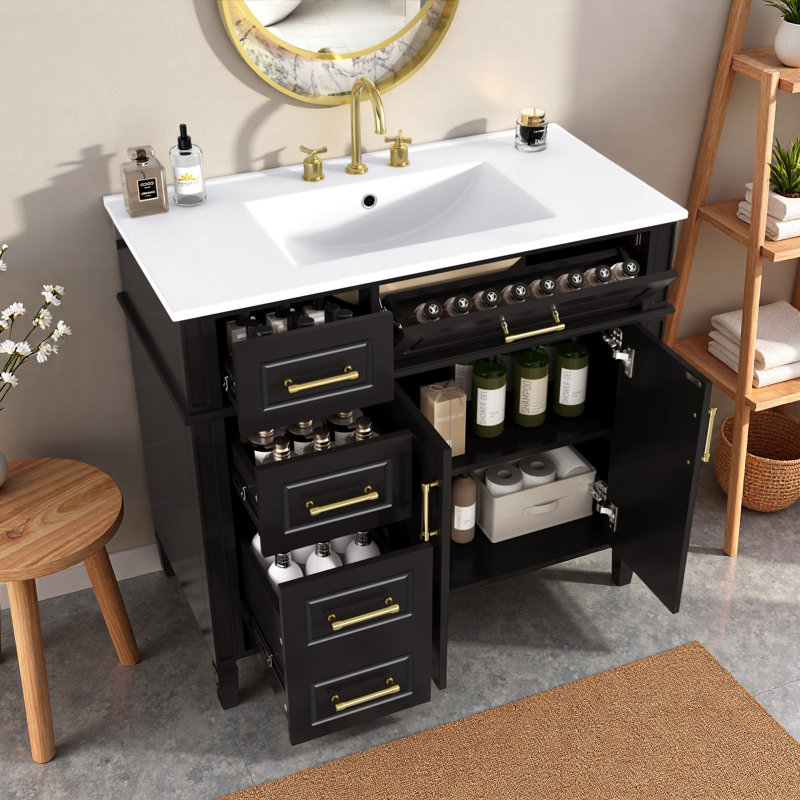 Meuble-lavabo avec lavabo, 1 tiroir rabattable, 3 tiroirs, tablette réglable et poignées en métal doré, Noir