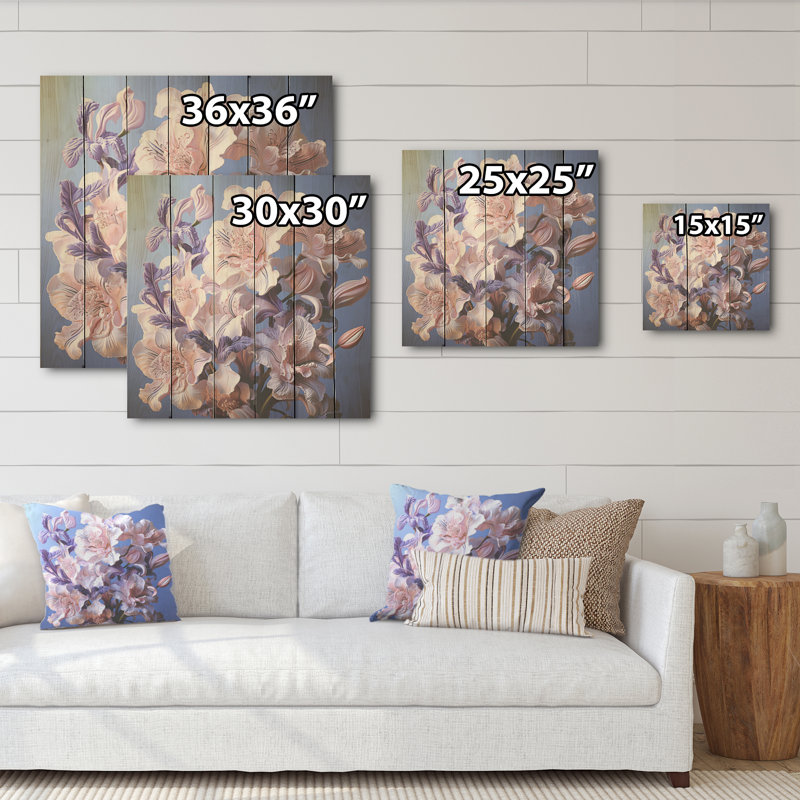 Détail détaillé des iris mauves foncé I - iris, art mural sur bois de pin naturel, H 15 po x l 15 po