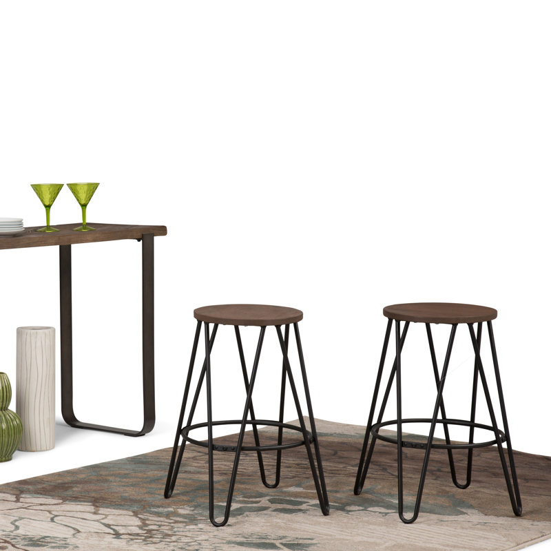 Simeon Metal Industrial Stool with Solid Wood Seat, Hairpin Legs, and Footrest (Set of 2), Black, Cocoa Brown