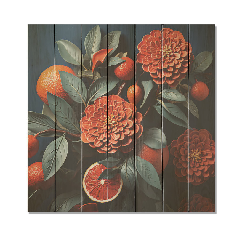Zinnias orange sur fond orange - Zinnias sur bois, H 30 po x l 30 po