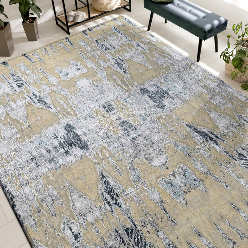 High-Quality Hand-Knotted Silver And Dark Grey Area Rug, Rectangle 5' x 8'