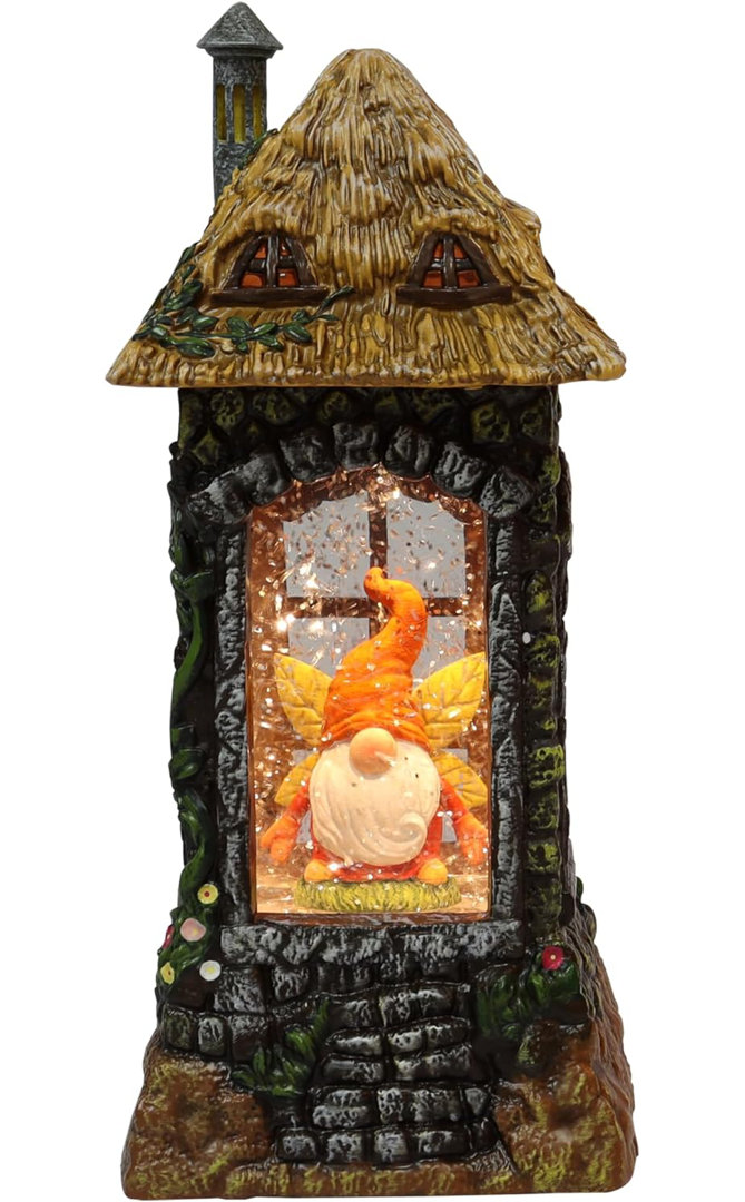 9.75”H Acrylic LED Home Lantern w/ Gnome - Water Spinning Glitter, Battery - Hand-Painted Resin Moments in Time