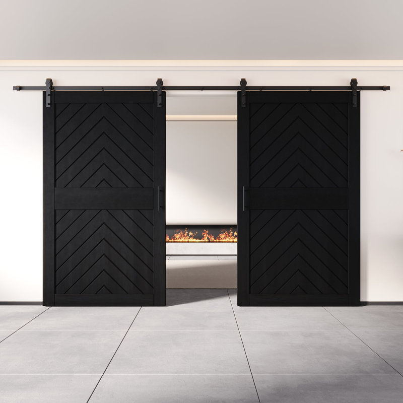 Homacer noir 50 po x 84 po fini et non assemblé 4-en-1 Fishbone deux portes de grange avec quincaillerie d'installation sans dérivation, rail de 18 pi, utilisation intérieure seulement