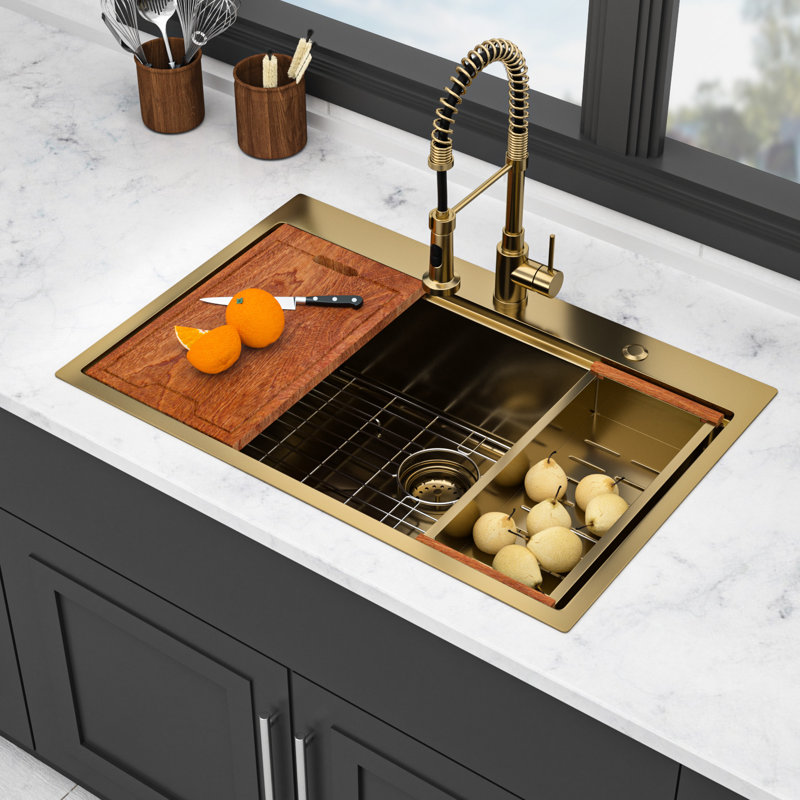 Gold 33*22 Inch 16 Gauge T304 Stainless Steel Drop - In Kitchen Sink, Workstation Functionality, Smooth Drainage, Coating For Protection, Package With Dish Grid And Drain 33" Track Function, Water