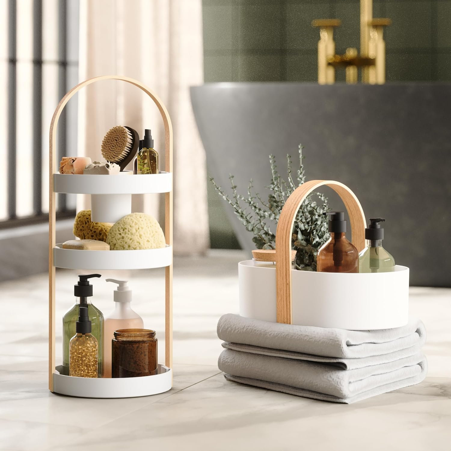 Bellwood Wood 3 Compartment Makeup Organizer, Natural/White
