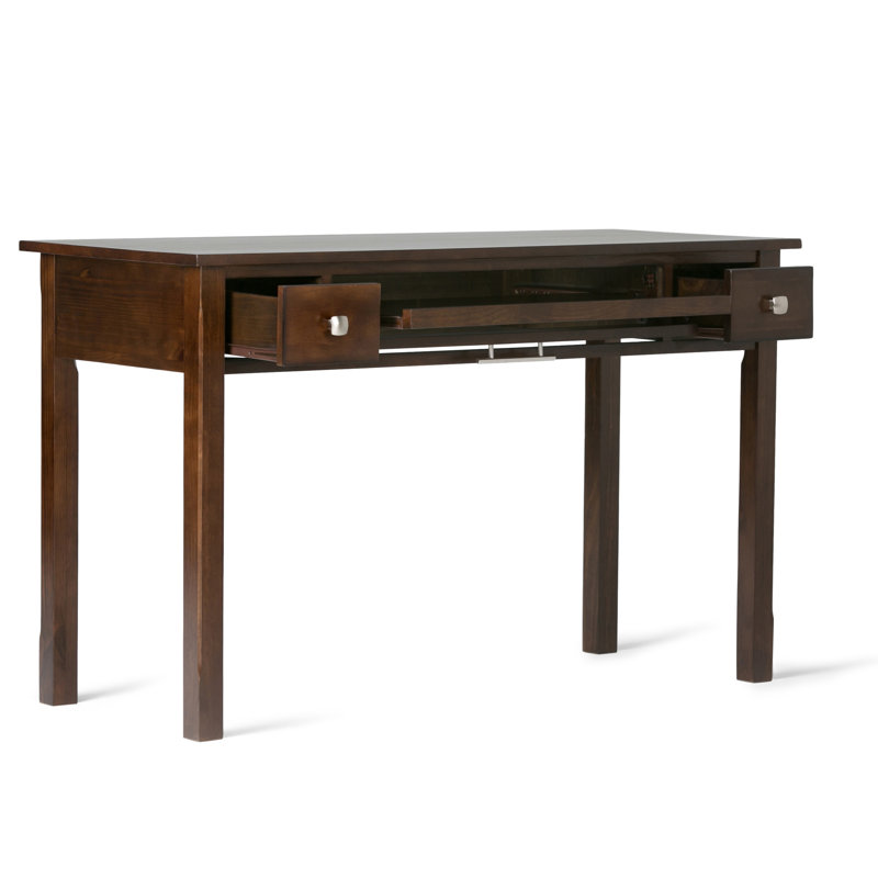 Bureau d'écriture contemporain en bois massif l 47 po Avalon avec 2 tiroirs et plateau à clavier rabattable, Brun tabac foncé