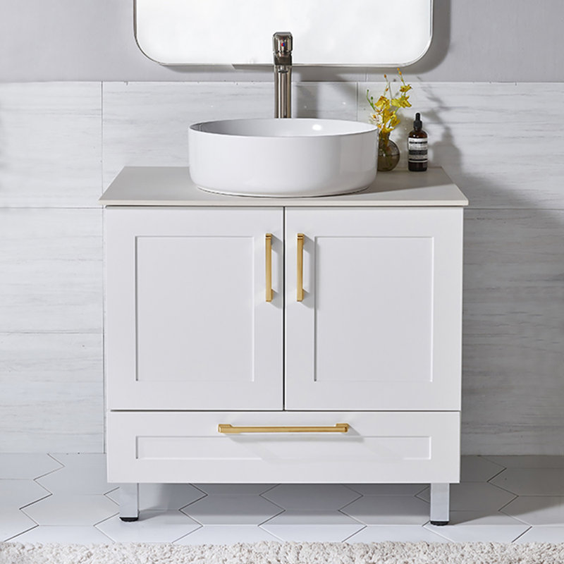 Meuble-lavabo simple autoportant moderne 30 po avec vasque ronde en céramique Mathurn, Blanc mat