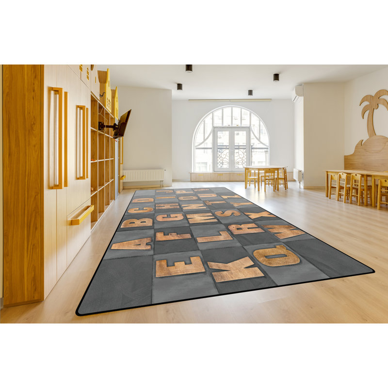 Rustic Wood Literacy ABC Pixel Perfect Tufted Gray/Orange Area Rug, Rectangle 8' x 12'
