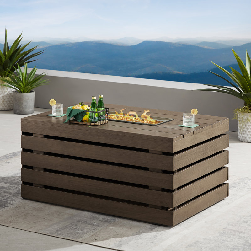 Aluminum Propane Outdoor Fire Pit Table with Hidden Fuel Tank Storage & Lid (Fully Assembled), Brown