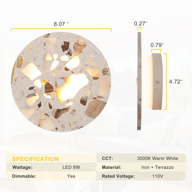 Modern 8.1" Hardwired Dimmable Integrated LED Terrazzo Flush Mount Wall Sconce