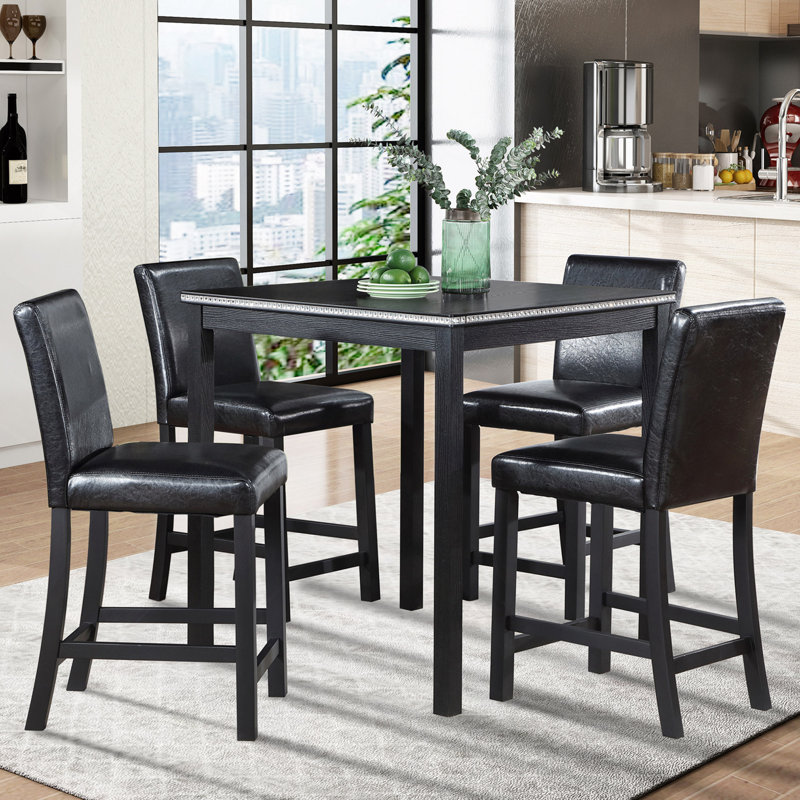 Ensemble de table 5 pièces à hauteur de comptoir, ensemble de table de cuisine en bois avec table carrée et 4 chaises rembourrées, table de salle à manger à hauteur de comptoir avec décoration en cristal et ensemble de chaises pour la cuisine, la salle à manger