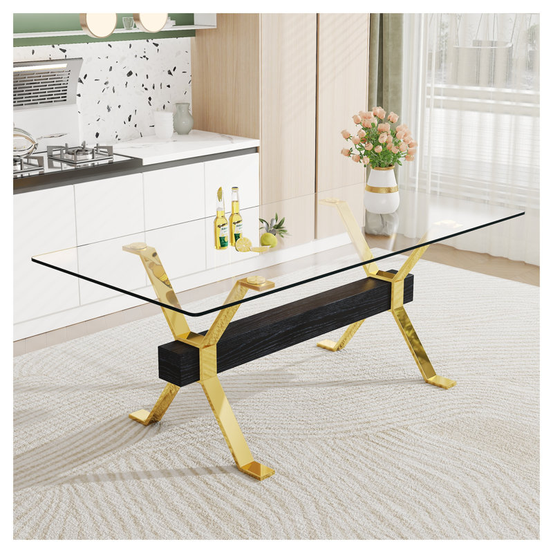 Table de salle à manger de luxe en verre trempé de luxe avec pieds en métal doré et base en panneau de fibres à densité moyenne, grande table de cuisine contemporaine de 79 po pour le bureau à domicile