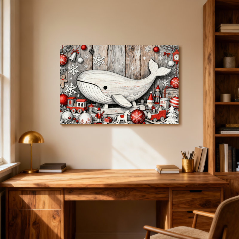 Baleine de Noël décorations de Noël sur fond en bois, H 12 po x l 18 po