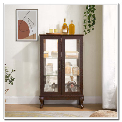 Vitrine avec portes en verre trempé, dossier en miroir et tablettes réglables