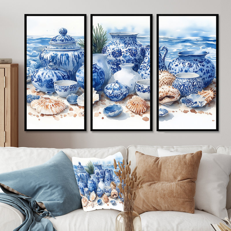 Plage, poterie en tons de bleu et blanc - Ensemble d'art mural de plage, H 28 po x l 36 po x P 1 po