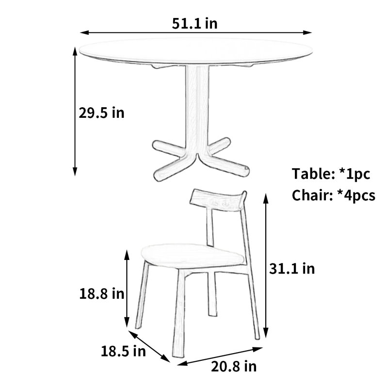 Romantic simple dining table and chair, 29.5"H x 51.1"L x 51.1"W