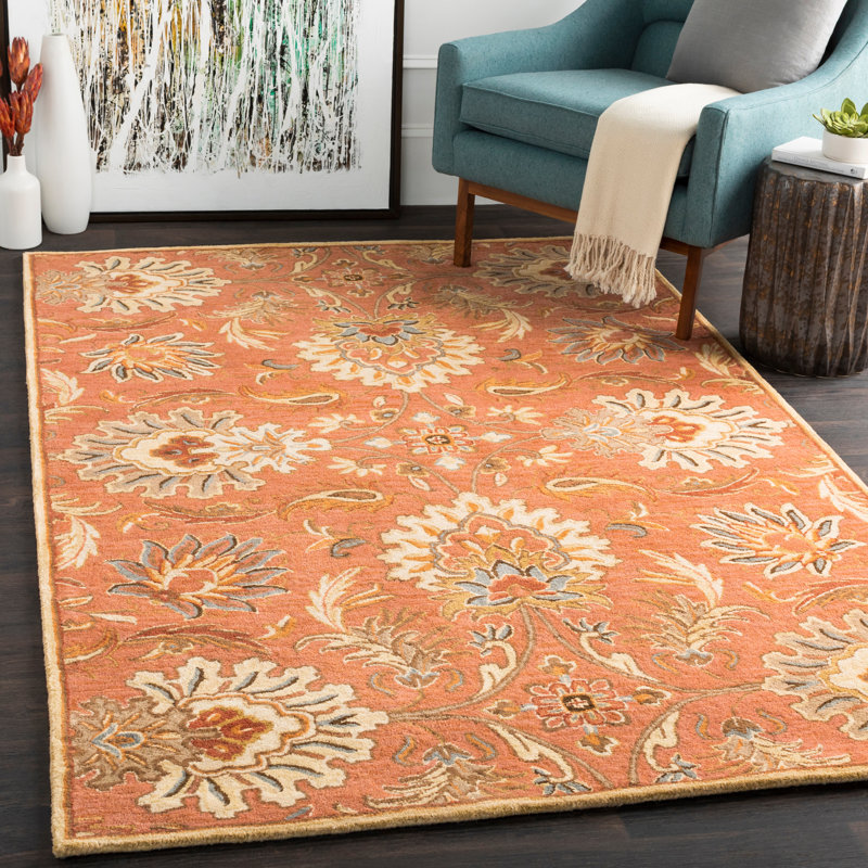 Tapis oriental en laine touffeté à la main terre cuite / orange / sauge poussiéreux Aaron, Rectangle 6 pi x 9 pi