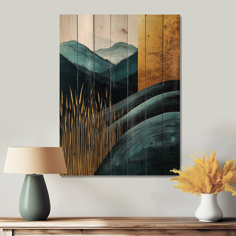 Art mural en bois «Quiet Bold Mountain In Emerald Gold Harmony III», H 20 po x l 10 po