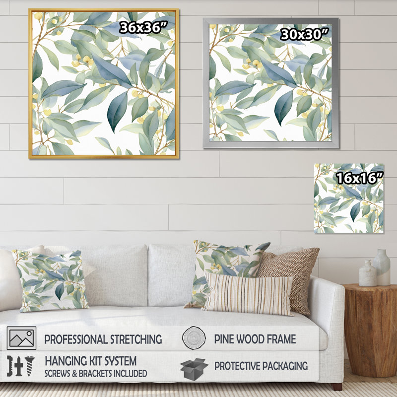 «White Green Minimalisme Eucalyptus Essence I» sur toile, Cadre simple noir, H 24 po x l 24 po x P 1 po