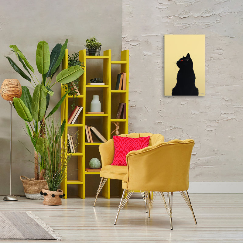Chat noir sur toile jaune par Roozbeh Bahramali, H 24 po x l 16 po