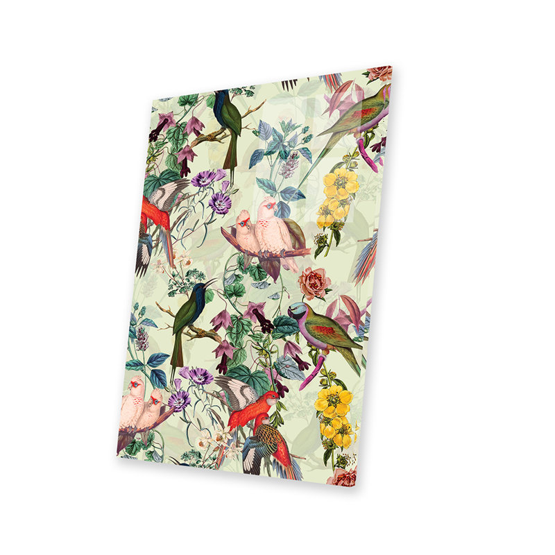 Impression florale et oiseaux sur verre acrylique, H 24 po x l 16 po x P 0,25 po