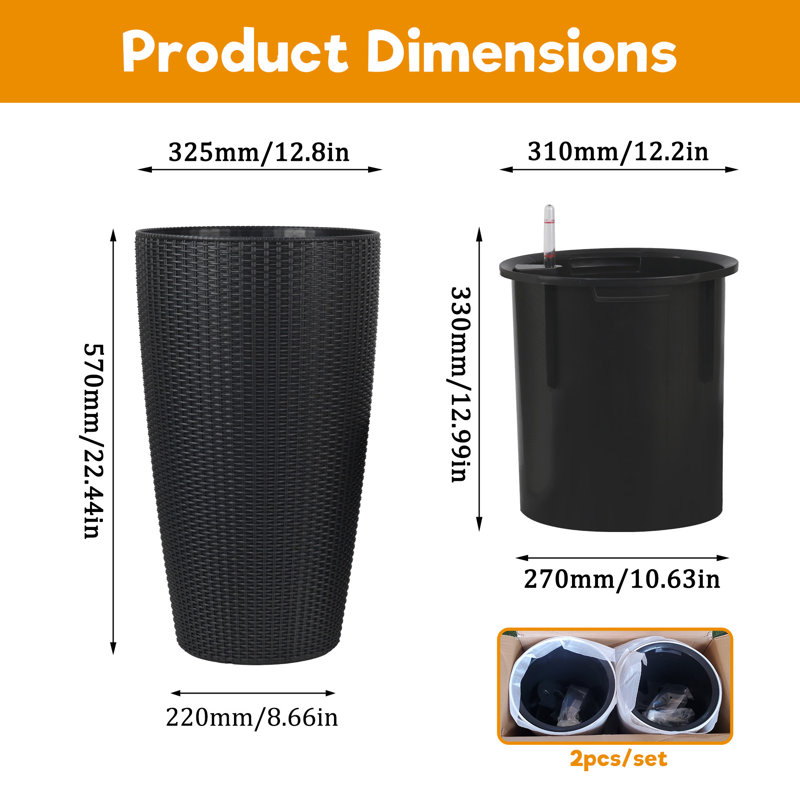 Modern Farmhouse Faux Rattan Planters with Auto Watering System and Weather Resistance, Black