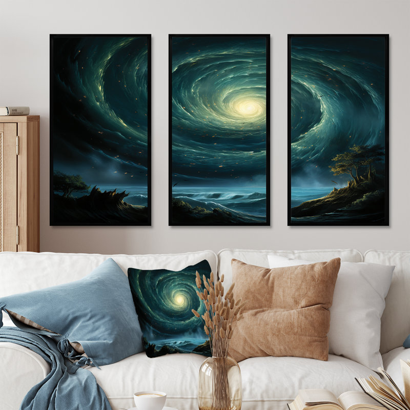 Art mural vert vert trou noir céleste, H 28 po x l 36 po, Cadre flottant noir