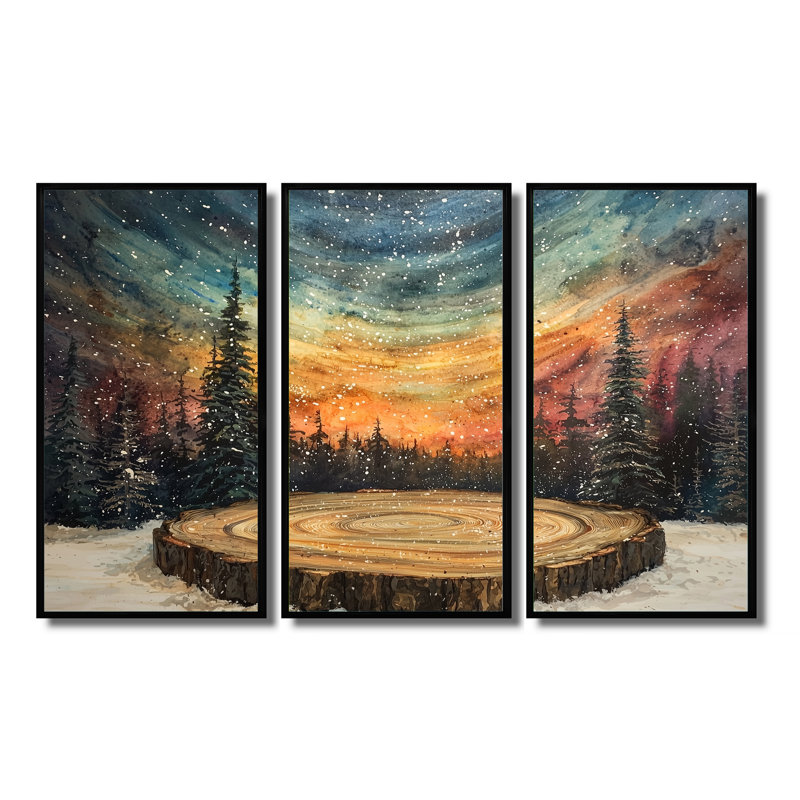 Aurore boréale dans la glissoire en bois canadienne - Art mural encadré aurore boréale - 3 panneaux, H 28 po x l 36 po, Noir