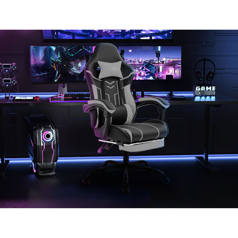 Fauteuil de jeu en cuir noir et gris avec massage ergonomique incurvé, massage lombaire, 360 roues rotatives, réglable 90 - 135, repose-pieds rétractable, et support, matériau d'inclinaison