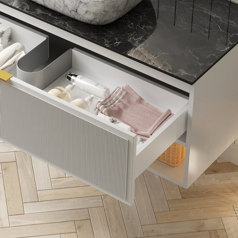 Armoire murale blanche en contreplaqué de 48 po avec plateau fritté en pierre noire, tiroir simple, tablette ouverte, lumières à DEL et multicouche haute résistance avec motif