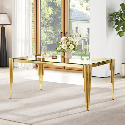 Modern Rectangular Glass Dining Table, 65" Tempered Glass Top, Polished Stainless Steel Round Tube Base