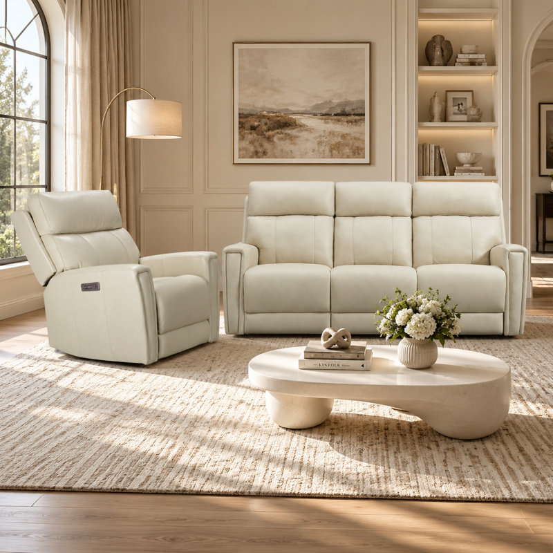 Un ensemble de canapés inclinables en cuir fleur double haut de gamme, un fauteuil inclinable et un canapé 3 places avec gravité zéro, appui-tête électrique et charge USB
