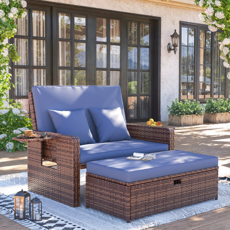 68" Wicker Outdoor Daybed Adjustable Loveseat With Storage Ottomans And Cushions, Navy Cushion/Brown Frame