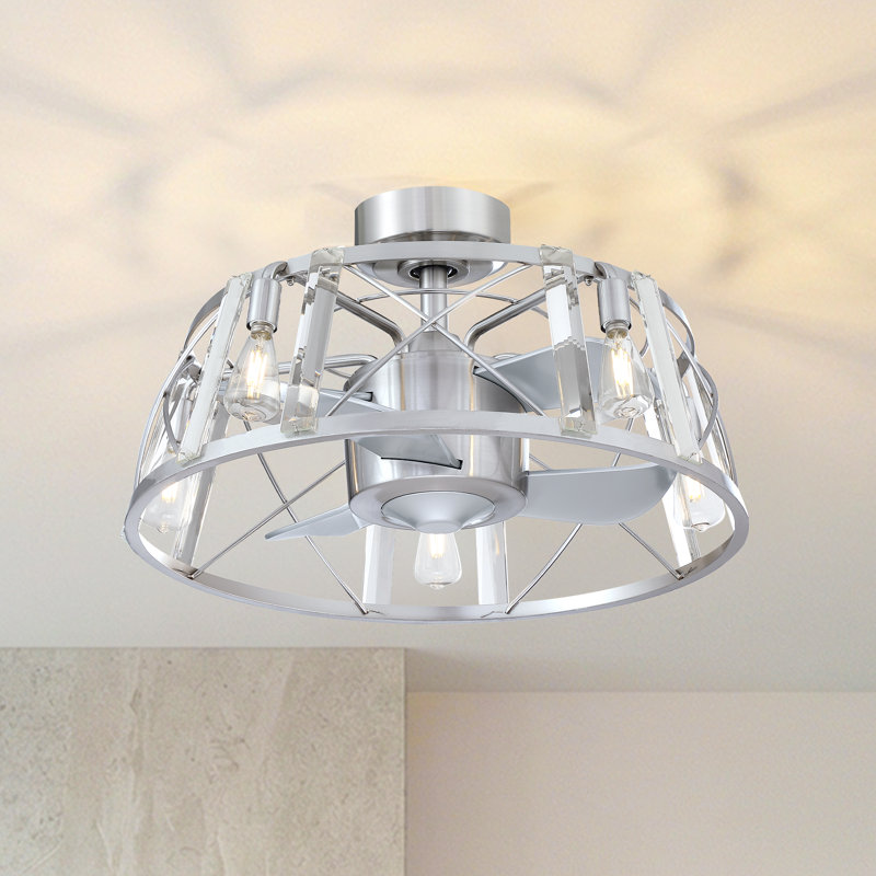 23'' Modern Crystal Flush Mount Caged Ceiling Fan with Remote Control and Light Kit Included, Low-Profile Bladeless Chandelier Fan