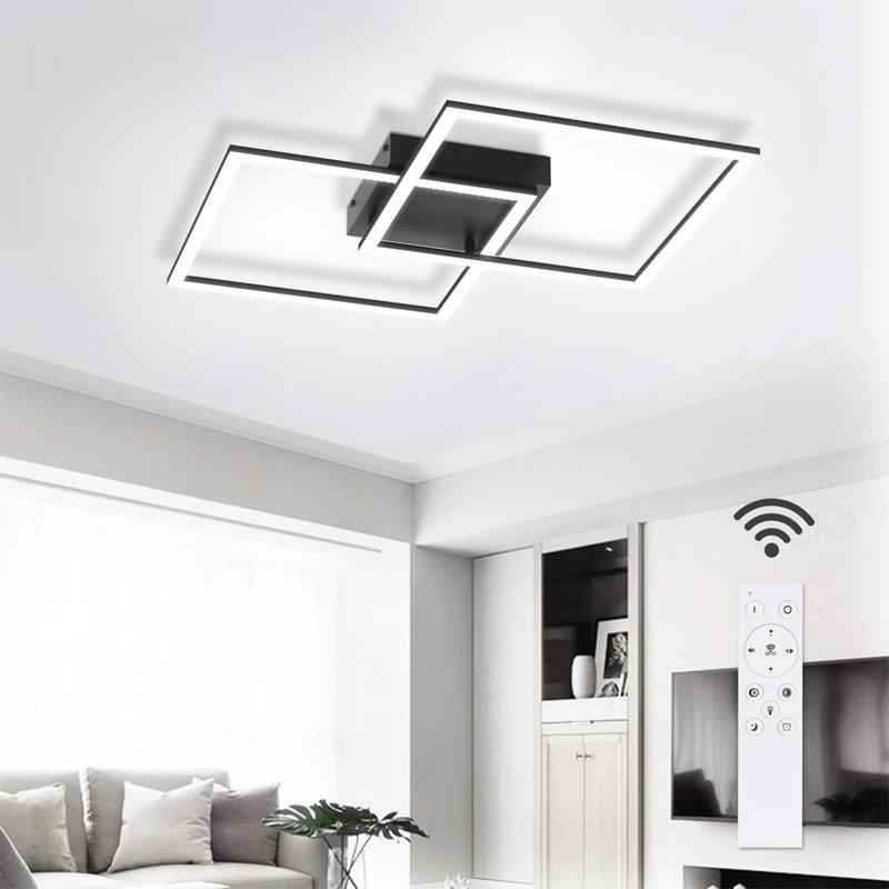 LED Ceiling Light 2-Bulb Square Dimmable Modern with Remote Control Living Room 52W, Black