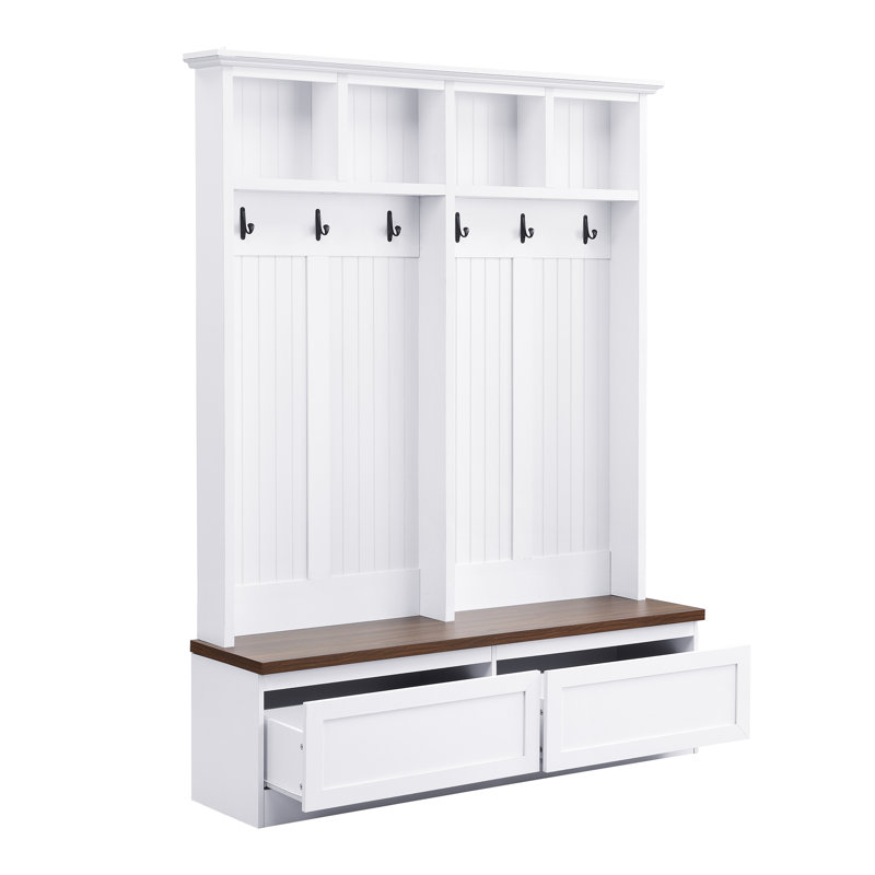 Farmhouse 4-in-1 Hall Tree with Wood Grain Bench, Mudroom Versatile Coat Rack with 2 Large Drawer, White+Walnut