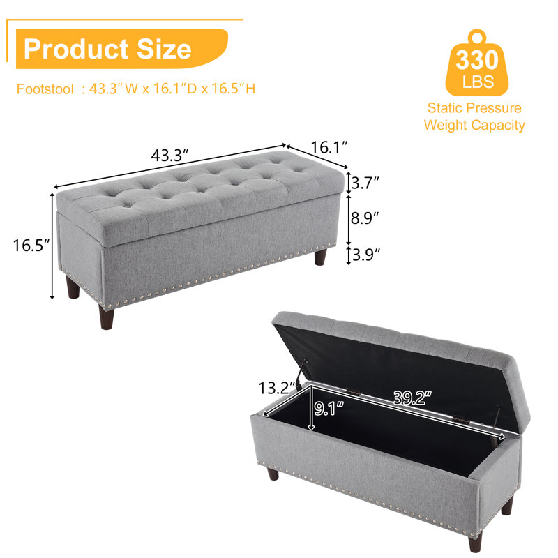 Bashemath Linen Upholstered Storage Bench, Gray 100% Linen
