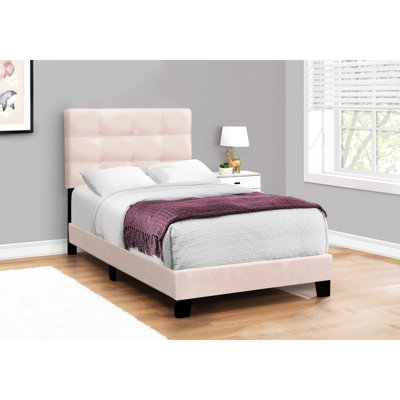 Mobilier de chambre simple, cadre de lit tapissier en velours rose, lit pour adolescent transitionnel, cadre rembourré